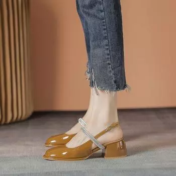 2024 Новые босоножки Мэри Джейн на среднем каблуке с высоким каблуком, летние одинарные туфли на толстом каблуке, повседневные босоножки Baotou с пряжкой и ремешком, размер 34-40 34 чёрный