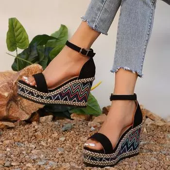 2024 Новые босоножки с открытым носком, женские, летние, на танкетке, с плетением, на платформе, на высоком каблуке, модная повседневная обувь, размер 42 36