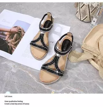 2024 Новые босоножки в стиле бохо, женская обувь, летние босоножки на плоской подошве со стразами, женская обувь 36 чёрный