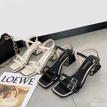 2024 Новые Брендовые Женские Кожаные Сандалии Босоножки На Квадратном Каблуке Туфли Для Женщин Летние Повседневные Черные Пляжные Туфли Белые 35 чёрный