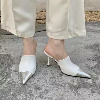 2024 Новые брендовые женские туфли с открытой пяткой, женская мода, разноцветные женские туфли на высоком каблуке, элегантные тапочки с острым носком на тонком каблуке, мюли 35 серебряный