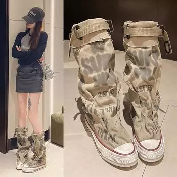 2024 Новые брюки Barrel Stacking Boots Graffiti High Top Canvas Shoes Женские весенние сапоги Wide Barrel Mid Barrel Boots 35