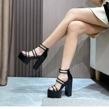 2024 Новые черные босоножки на высоком каблуке 14 см, женские прозрачные туфли-лодочки с ремешком, гладиаторские туфли на толстом каблуке, летние туфли на танкетке Zapatos De Mujer 35 чёрный