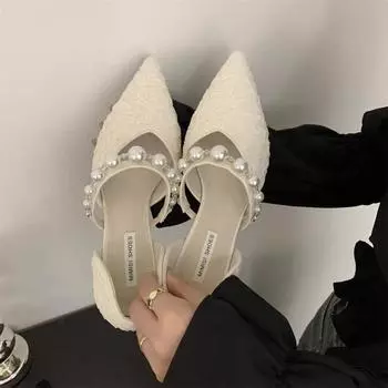 2024 Новые черные туфли на высоком каблуке Новые туфли-лодочки на шпильках с острым носком и жемчужными браслетами на щиколотку Высококачественная обувь Модная удобная женская обувь 35 белый