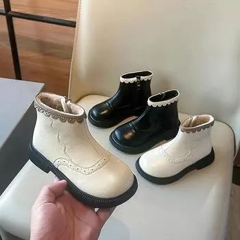 2024 Новые детские ботинки для девочек Зимние хлопковые ботинки принцессы Модные лоскутные детские повседневные плюшевые ботинки с оборками и нескользящие 23 чёрный
