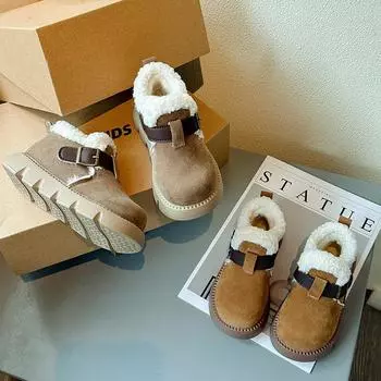 2024 Новые детские хлопковые ботинки, простые зимние ботинки для девочек с толстой подошвой, круглые, универсальные, детские, модные, короткие, плюшевые ботинки с липучкой 22