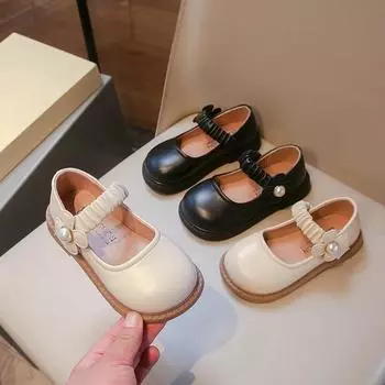 2024 Новые детские кожаные туфли с мягкой подошвой, туфли принцессы для девочек, милые шикарные детские модные повседневные черные туфли на плоской подошве, универсальные 23 чёрный