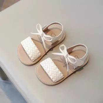 2024 Новые детские летние сандалии для девочек, модные сандалии с бантом, однотонные детские школьные пляжные туфли с открытым носком, универсальные 22 чёрный