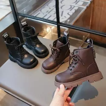 2024 Новые детские осенние ботинки, однотонные повседневные черные ботинки для девочек, модные универсальные детские простые ботильоны с толстой подошвой 26 чёрный