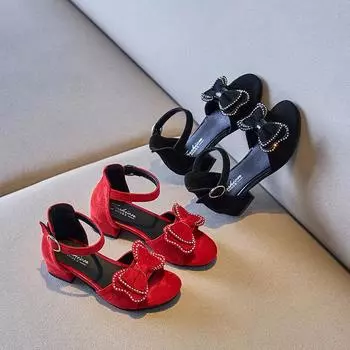 2024 Новые детские сандалии для девочек, однотонные, со стразами и бантом, милые, детские, модные, элегантные, принцессы, Мэри Джейн, для вечеринки, свадьбы, шоу 27 чёрный