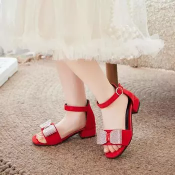 2024 Новые детские сандалии для девочек, симпатичные, со стразами, с открытым носком, дышащие, элегантные, детские, модные, милые, с застежкой-липучкой, на низком каблуке 27 чёрный