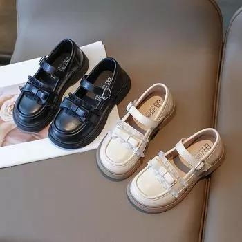 2024 Новые детские туфли для девочек из кожи, черные школьные туфли, кружевные, плиссированные, на липучках, детские, мягкие, с круглым носком, принцесса Мэри Джейн 23 чёрный