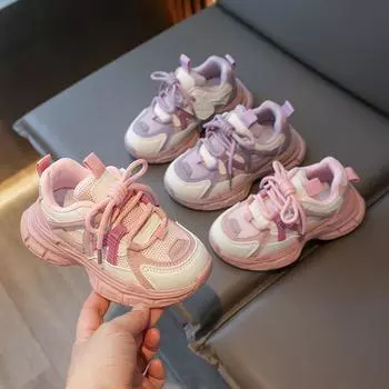 2024 Новые детские универсальные мягкие кроссовки для девочек, сетчатые, на шнуровке, в корейском стиле, мягкие, нескользящие, детская спортивная обувь с круглым носком 26 фиолетовый