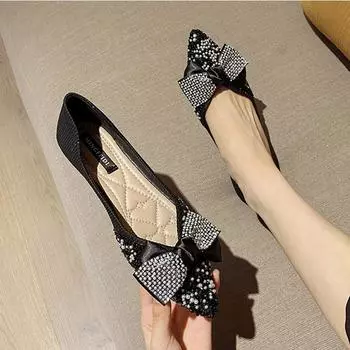 2024 новые дизайнерские туфли на плоской подошве с бантом из кристаллов для женщин, балетки с блестками и небольшим носком 43 размера, женские мокасины с жемчугом 5 абрикосовый