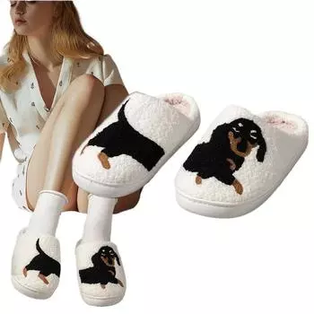 2024 Новые домашние тапочки с рисунком таксы и вышивкой, мягкие, на толстой подошве, в клетку, из хлопка, милые, теплые, нескользящие, домашние тапочки 36-37 бежевый