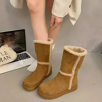 2024 новые двухслойные складные теплые зимние ботинки с плоским дном и круглым носком женские зимние утолщенные пушистые хлопковые ботинки средней толщины 35 чёрный