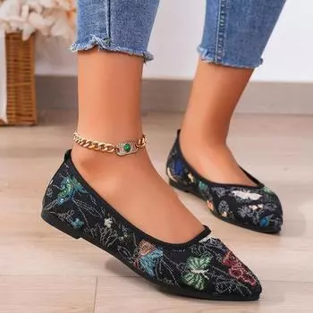 2024 Новые дышащие вышитые сандалии, модные и элегантные женские туфли на плоской подошве с острым носком и небольшим вырезом для верхней одежды 36 чёрный