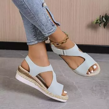 2024 новые европейские и американские модные однотонные женские босоножки на толстой подошве с круглым носком и открытым носком на липучке большого размера 36 светло-синий