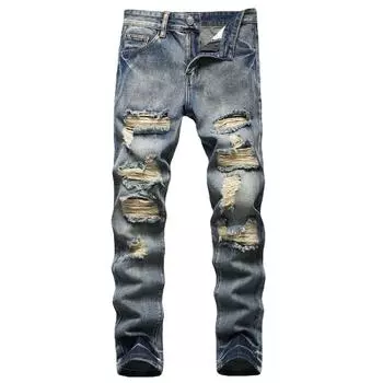 2024 Новые европейские и американские мужские облегающие прямые брюки свободного покроя с рваными краями 28