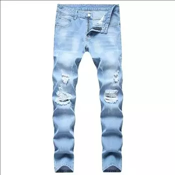 2024 Новые европейские и американские мужские прямые джинсы, большие размеры, облегающие молодежные рваные джинсовые брюки 28 светло-синий