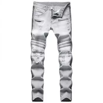 2024 Новые европейские и американские мужские светло-серые перфорированные джинсы в стиле пэчворк, облегающие прямые брюки без выступов 28 серый