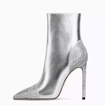2024 Новые европейские и американские показы мод, вышитые стразами, большие тонкие каблуки и короткие сапоги на очень высоком каблуке для женщин 34 золотой