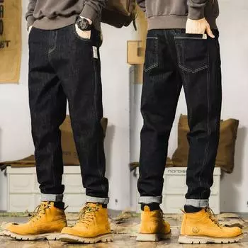 2024 Новые европейские и американские вельветовые/обычные опциональные джинсы мужские повседневные брюки прямые свободные мужские брюки высокого класса 28 чёрный