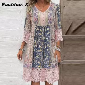 2024 Новые европейские и американские женские весенне-летние популярные модели кружевных кружевных платьев с ретро-принтом S розовый