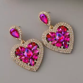 2024 Новые европейские и американские женские знаменитости, красные ковровые серьги в форме сердца для женщин, винтажные серьги из сплава с драгоценными камнями и бриллиантами зелёный