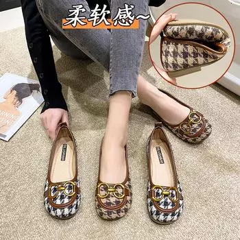 2024 Новые французские модные туфли в клетку в стиле ретро с металлической пряжкой и неглубоким носком, универсальные туфли на толстом каблуке для женщин, банкетное платье 35 светло-серый