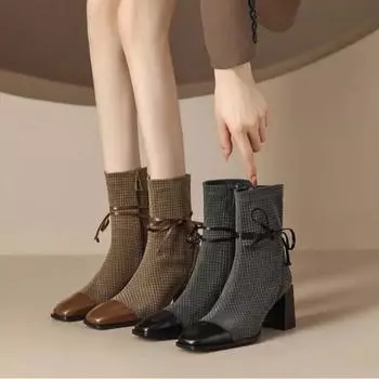 2024 Новые французские стильные квадратные носки на толстом каблуке короткие сапоги для женщин осень-зима одинарные сапоги женские сапоги 34 чёрный