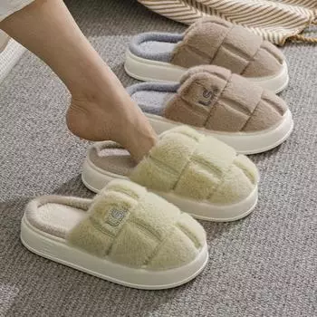 2024 новые хлопковые тапочки для женщин, осень-зима, для дома, толстая подошва, нескользящая, теплая, плюшевая, хлопковая, для мужчин 36-37 (recommended 35-36 feet) белый