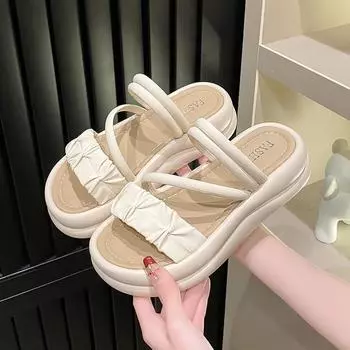 2024 новые интернет-знаменитости две тапочки женская летняя одежда модные мягкие подошвы пляжные сандалии на платформе французские нескользящие сандалии 35 чёрный