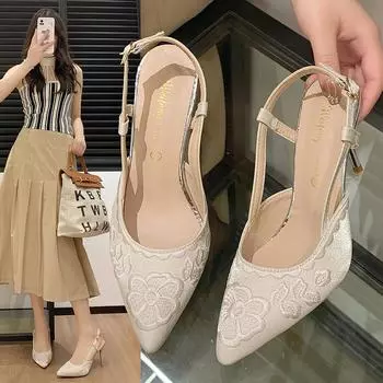 2024 Новые китайские сандалии Baotou с вышивкой, туфли-чонсам в китайском стиле на высоком каблуке 35 бежевый