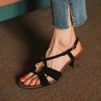 2024 Новые классические женские босоножки из натуральной кожи на толстом высоком каблуке с пряжками, модные офисные туфли-лодочки, новая летняя удобная повседневная обувь 34 чёрный