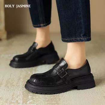 2024 Новые классические женские туфли-лодочки на толстом каблуке весна-осень на платформе с круглым носком из натуральной кожи повседневные рабочие туфли женские лоферы 34 чёрный