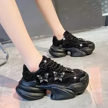 2024 Новые корейские кроссовки с пайетками на толстой подошве, нескользящие, удобные, повседневные, для бега, плоские, дышащие, Zapatos De Mujer, кроссовки, люкс 35 чёрный
