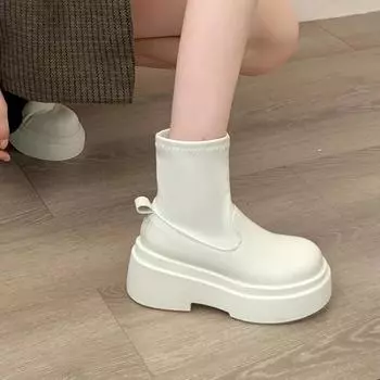 2024 Новые короткие сапоги на платформе и каблуке, женская мода, женские ботильоны с молнией сзади, осень-зима, женская обувь 35 бежевый