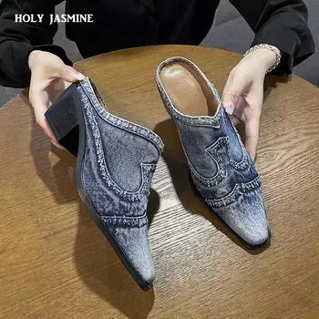 2024 Новые ковбойские мюли в стиле ретро, полусандалии, женские туфли-мюли на каблуке, короткие сапоги с квадратным носком, туфли из ткани на среднем каблуке, синие 35 синий