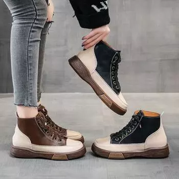 2024 Новые кожаные ботинки для женщин Высокие дизайнерские туфли Плоские повседневные кроссовки Качественные ботильоны на платформе Zapatos De Mujer 35 чёрный