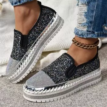 2024 Новые кроссовки Женские повседневные туфли Модные женские туфли на плоской подошве со стразами и кристаллами на платформе Роскошные удобные женские кроссовки 35 чёрный