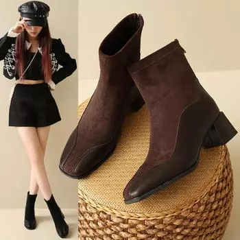 2024 Новые квадратные носки однотонные женские ботинки трендовые уличные короткие ботинки-трубы квадратный каблук на молнии туфли на высоком каблуке короткая плюшевая подкладка 34 чёрный