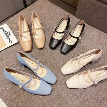 2024 Новые лакированные туфли Мэри Джейн с квадратным носком, темпераментные туфли на толстом каблуке с неглубоким носком, весенние туфли на высоком каблуке, женские 35 абрикосовый