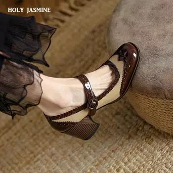 2024 Новые лакированные туфли Мэри Джейн женские туфли LEISURE с пряжкой на неглубоких каблуках с квадратным носком и толстым каблуком женские Zapatos De Mujer 4 чёрный