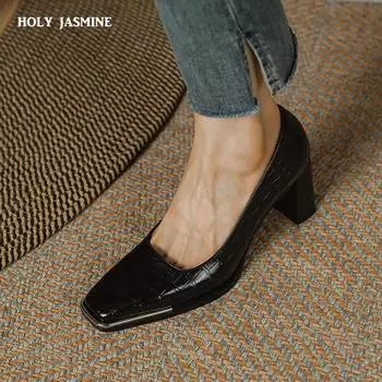 2024 Новые лаконичные модные женские туфли-лодочки с квадратным носком на толстом каблуке из натуральной кожи высокого качества для женщин, весна-лето, офисные дамы 34