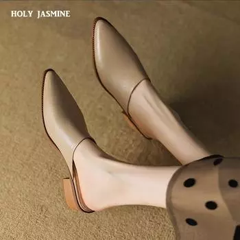 2024 Новые лаконичные женские туфли-лодочки весна-лето офисные повседневные мюли из натуральной кожи с острым носком на толстом каблуке тапочки женские 34 чёрный