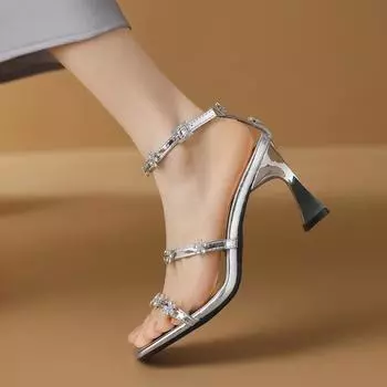 2024 Новые летние элегантные босоножки на высоком каблуке с квадратным носком и ремешком, открытый носок, 2024 сексуальные банкетные женские туфли на высоком каблуке для вечеринок 35 золотой