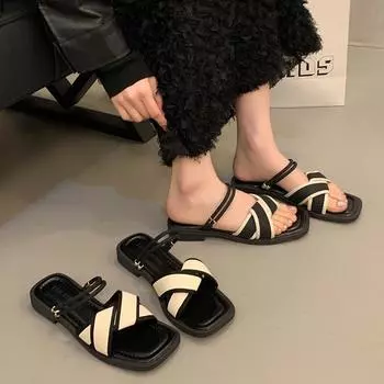 2024 Новые летние черно-белые клетчатые римские туфли на плоской подошве для работы, сандалии и тапочки из двух предметов, модные повседневные сандалии для женщин 35 бежевый