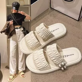 2024 Новые летние модные круглые открытые носки сексуальные складчатые толстые мягкие и высокие повседневные женские пляжные сандалии на плоской подошве 35 бежевый