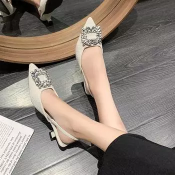 2024 Новые летние модные однотонные женские туфли на высоком каблуке с острым носком, украшенные стразами, повседневные туфли на шпильке для женщин на высоком каблуке 35 бежевый